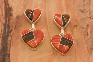 Calvin Begay Genuine Spiny Oyster Shell Sterling Silver Heart Earrings